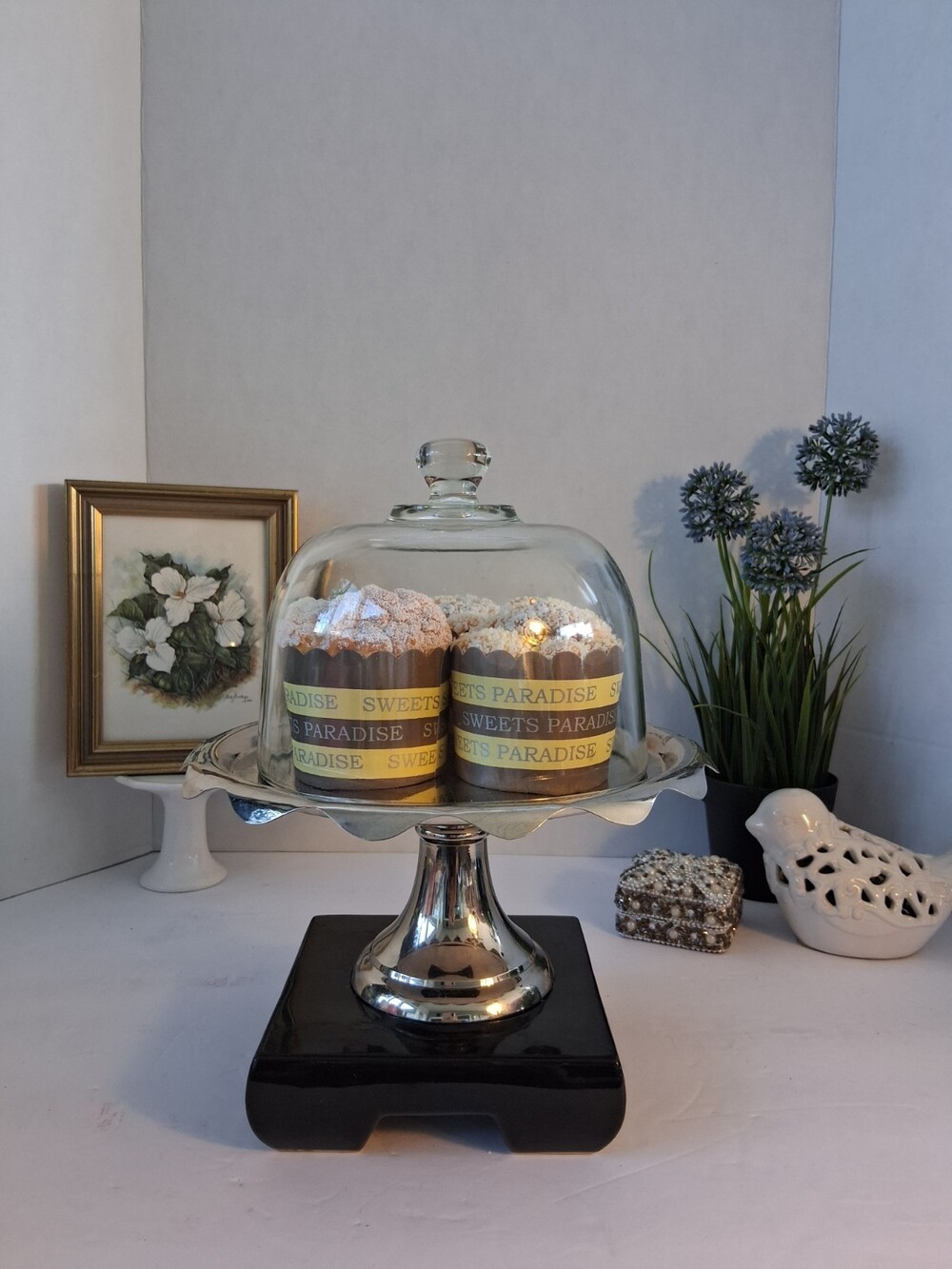 SilverPlated Cake Stand w/Glass Cloche/Dome; Pedestal Style;Sweets Serving Plate